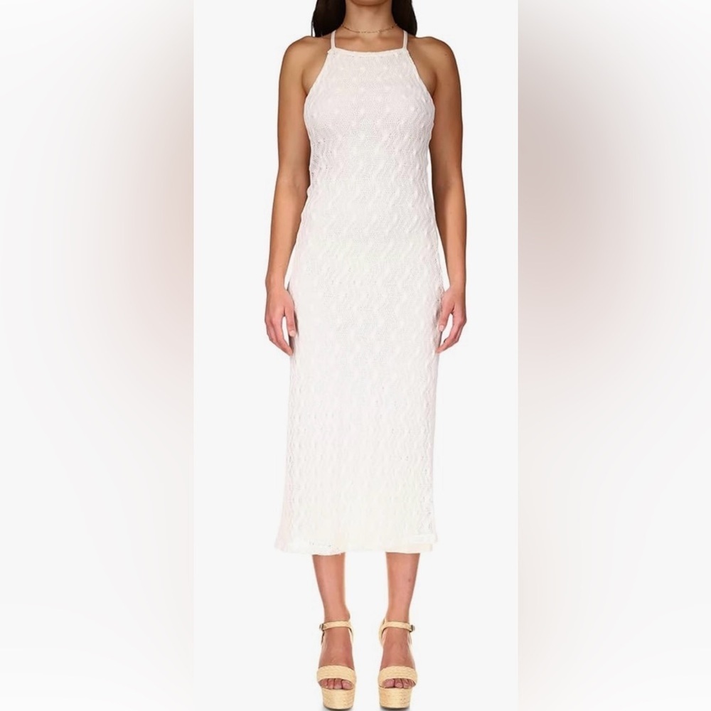 Sanctuary Crochet Knit Midi Dress Small Cream Boho Beach Cover Up Halter Maxi